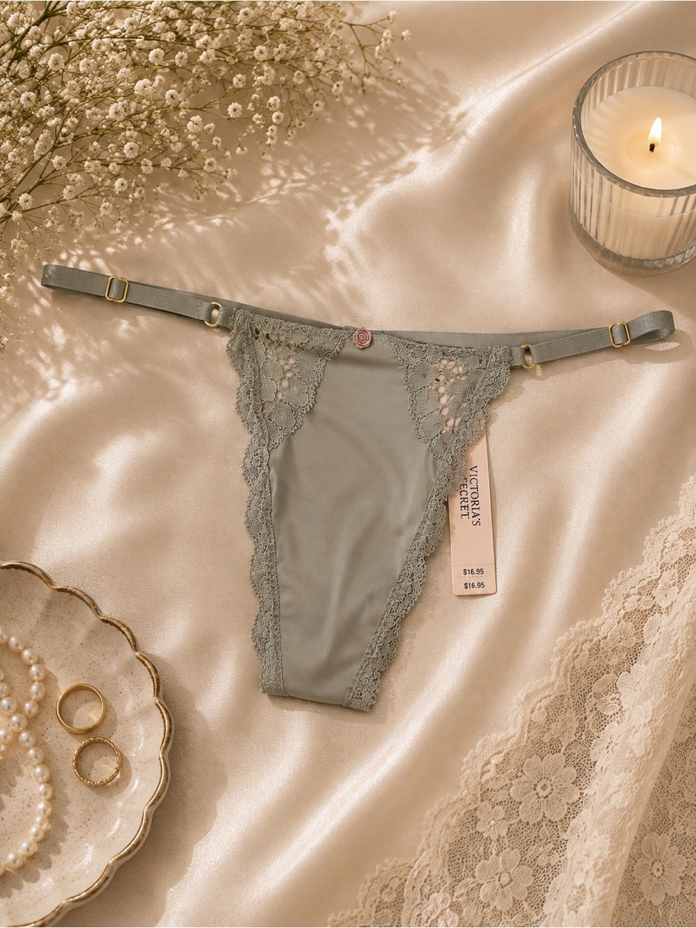 NWT Victoria’s Secret V-String Panty Sage Green Lace Strappy Adjustable S Satin